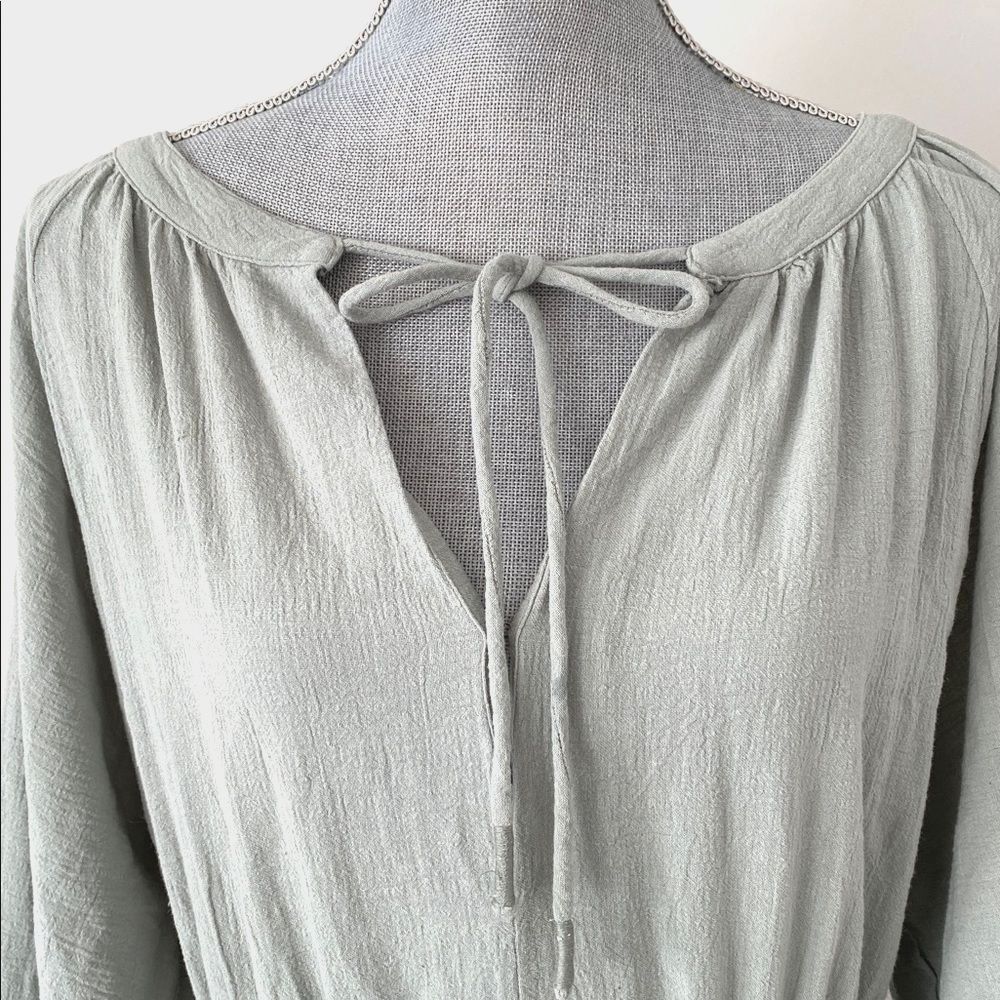 Free People Sage Green Open Back Long Sleeve Mini Dress Tie Belt Buttons closer - Picture 16 of 16